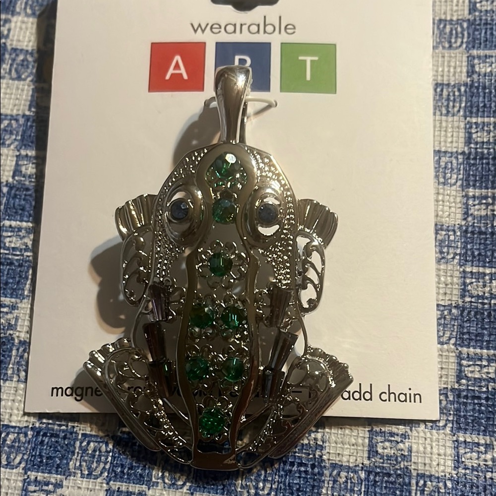 Silver Frog Pendant with Green Accents